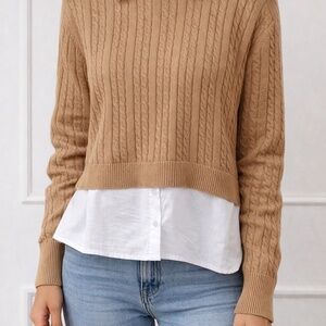 BCBG Faux Layered Cable Knit Sweater Camel White NWT Size Medium